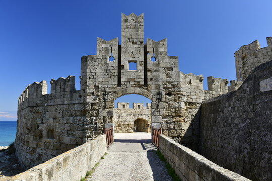Pili Agiou Paviou Gate, Rhodes Island, Greece. The old town city walls which circle it, this gate is very different from the others not as robust but attractive and extension to the marina.