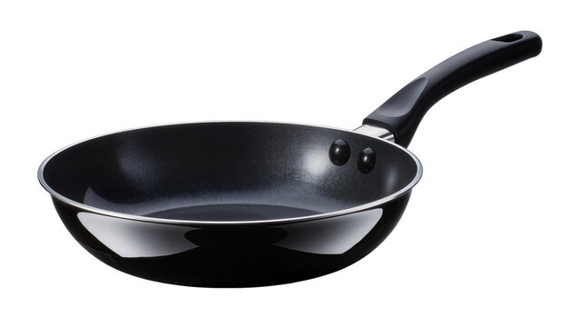 Black non-stick frying pan with silver rim and black handle, isolated on transparent background