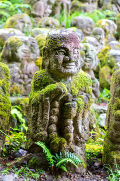 The stone statue covered in moss and plants at Otagi Nenbutsu-ji Temple in Arashiyama, Kyoto, Japan
