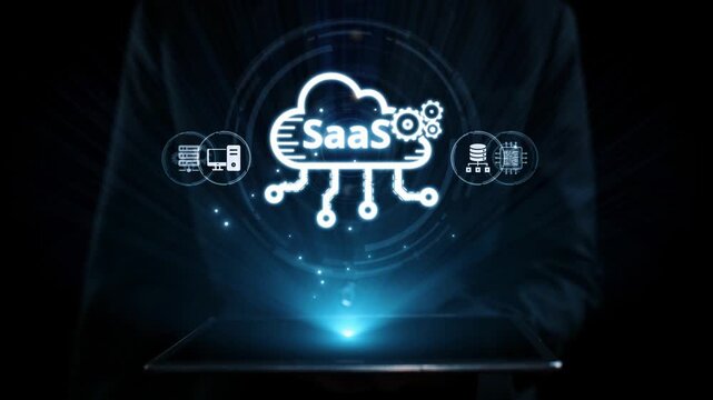 Visual representation of SaaS showing infrastructure, SaaS deployment, SaaS platform features, and SaaS integration model in digital environment. Elide