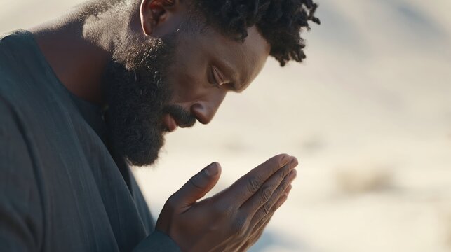 Man with beard and dreadlocks praying with eyes closed in a desert landscape