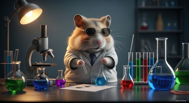 Cute Hamster Scientist Wearing Glasses and Lab Coat in a Laboratory.