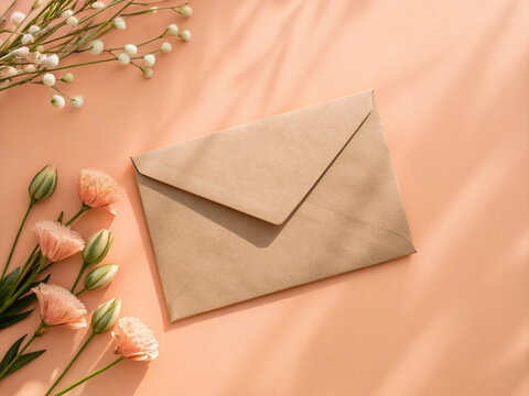 Kraft Envelope with Pink Spring Flowers Flat Lay on Peach Background Greeting Card Mockup