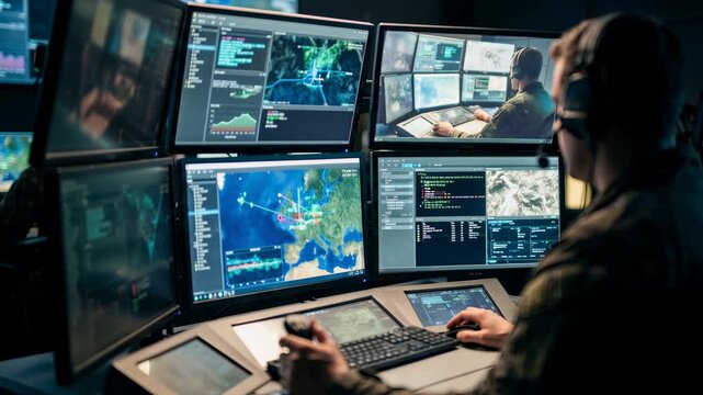 A military analyst sits in a control center focused on various data screens. The analyst reviews and interprets information for strategic decisions and mission support	