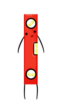 Cartoon vector illustration of a spirit level with a smiling face. Measuring tool character isolated on white background for construction and alignment design.