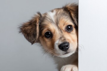 Sad Puppy Peeking Behind Blank White Board Placed Left Third Seamless Studio