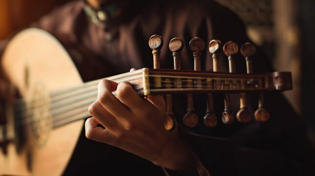 Close-up of a musician playing a traditional oud instrument with intricate details