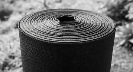 Naklejka premium Large roll of industrial fabric outdoors on grassy background