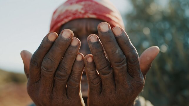 Elderly person's weathered hands reaching out in prayer or supplication