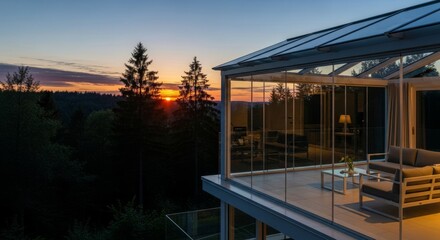 Obraz premium Luxury modern glass house with forest sunset view