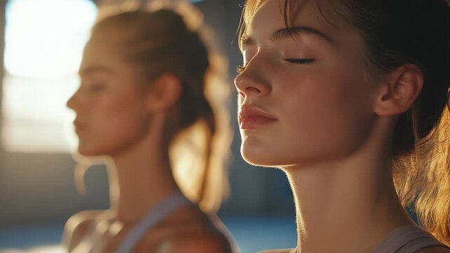 Two women practicing mindfulness with eyes closed.