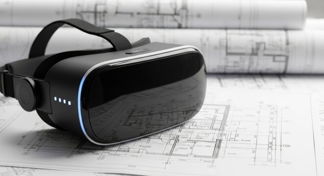Virtual reality headset on architectural blueprints in modern design studio