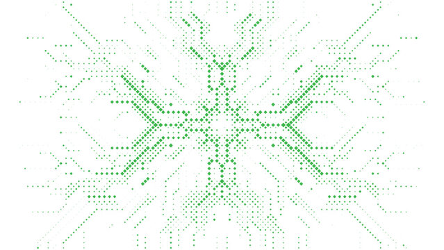 Abstract green digital circuit pattern with dots and lines on a white background, symbolizing technology and growth.