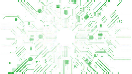 Obraz premium Abstract green digital circuit board pattern with radiating lines and squares on a white background, technology concept.