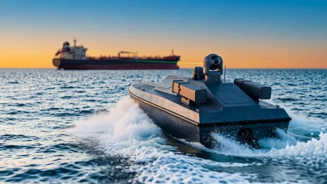 A military drone water type unmanned vehicle crosses the water with waves splashing around it. A large oil tanker is visible in the background. 