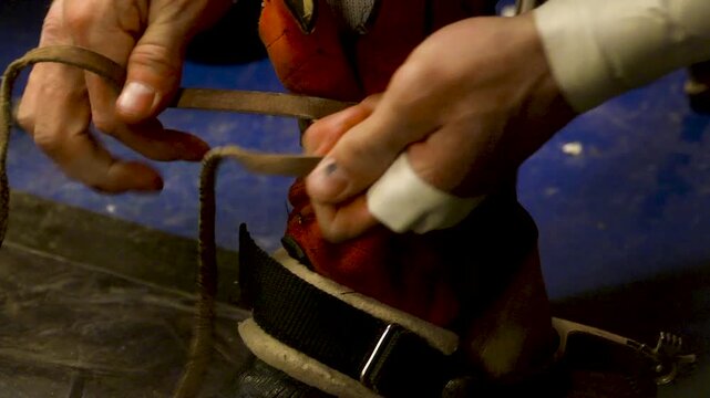 Bull rider strapping up leather boots before event