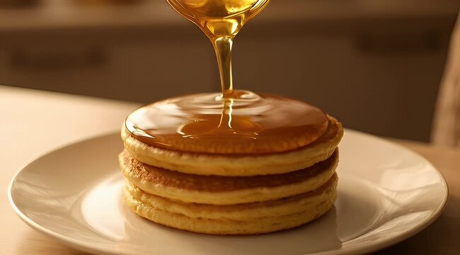 Syrup pouring on stacked pancakes, breakfast food, golden syrup, plate