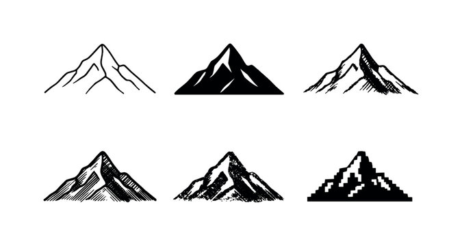 Single mountain summit with layered slopes and pointed top, used to represent goals achievement and nature scenery | Create ONE