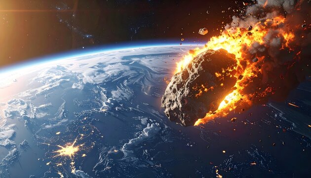 Massive asteroid impact exploding on Earth's atmosphere with fiery destruction