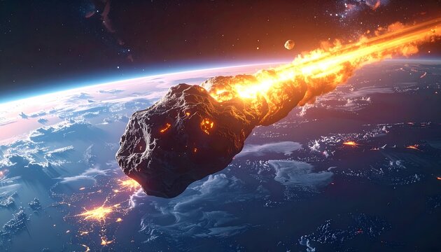 Massive asteroid burning up while entering Earth's atmosphere with fiery explosion