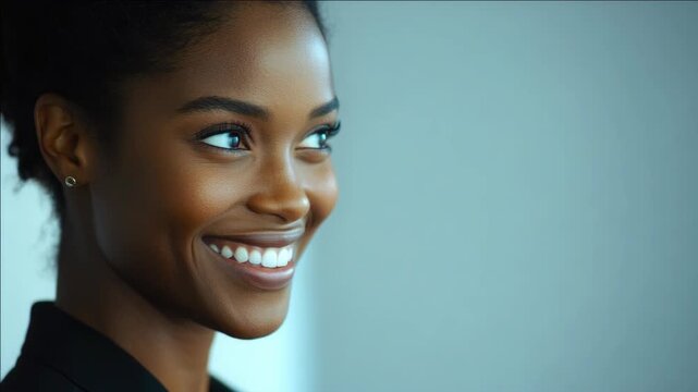 Smiling woman of African American descent wearing a dark suit, suggesting professional business environment.