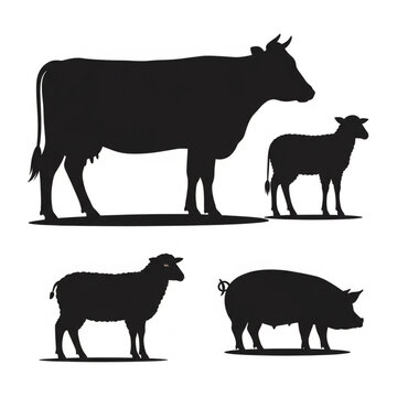 Cow Calf Sheep Pig Farm Animals Silhouette.