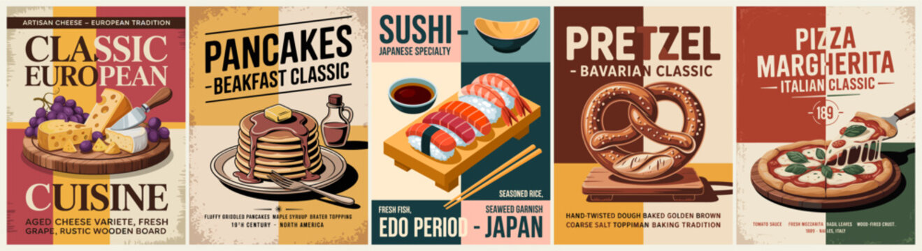 Set of vintage posters display classic global foods. Each shows colorful, appetizing dishes on textured backgrounds. Art style mimics retro diner ads with bold, clean typography
