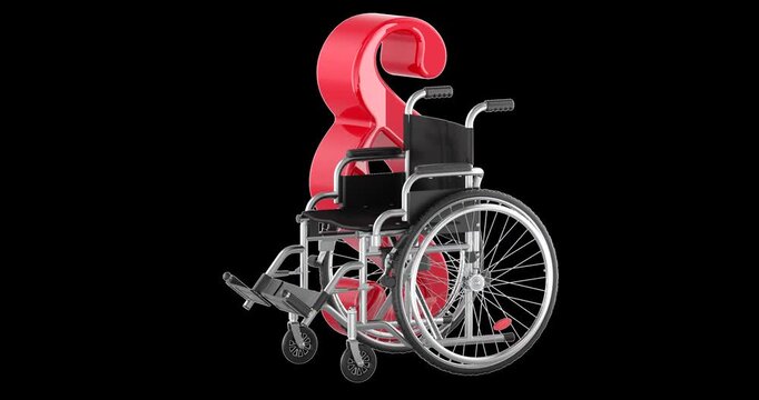 Wheelchair and paragraph symbol for disability rights, rotation animation seamlessly loopable. 3D rendering isolated on transparent background