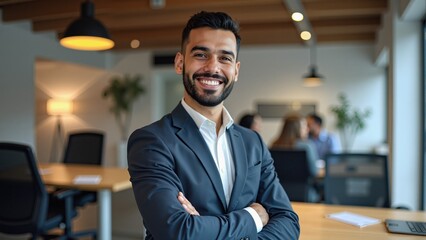 Fototapeta premium Portrait of a smiling handsome business man in coworking office. Looking at camera. Arabic style. Muslim businessman. 