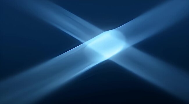 Abstract intersecting light beams creating an X in a navy blue background