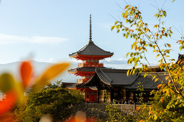 Naklejka premium Sanjunoto pagoda and Kiyomizu-dera temple in beautiful autumn colors. Kyoto, Japan