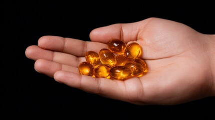 Fototapeta premium A hand holds several translucent amber-colored soft gel capsules against a black background.