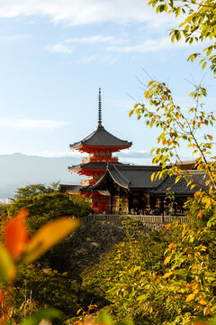 The iconic three-story pagoda Sanjunoto and Kiyomizu-dera temple, Kyoto, Japan