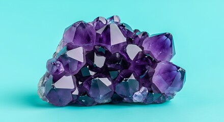 Fototapeta premium A cluster of vibrant purple amethyst crystals with sharp facets on a bright turquoise background.
