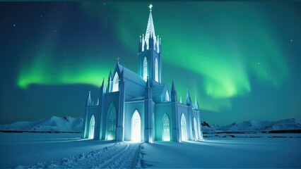 Naklejka premium White church under vibrant Northern Lights aurora borealis
