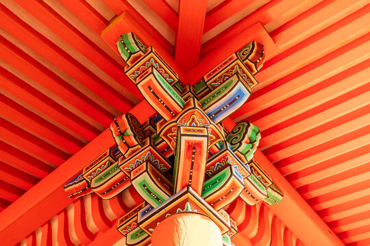 The bottom view of corner at traditonal red japanese temple roof. Kiyomizudera Temple, Kyoto, Japan 
