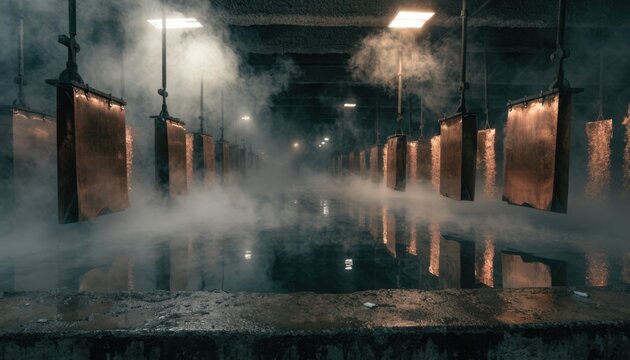 Medium shot capturing foggy vapor hovering over rows of copper anode and cathode starter sheets in an electrorefining tankhouse creating a mysterious industrial atmosphere.