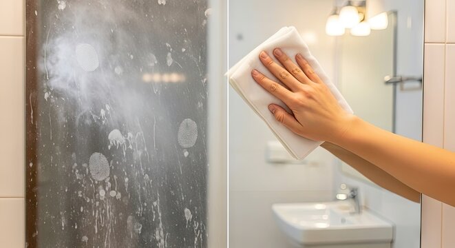 Close-up of a person's hand cleaning a dirty bathroom mirror with a white microfiber cloth, showing a before and after comparison of glass surface maintenance.