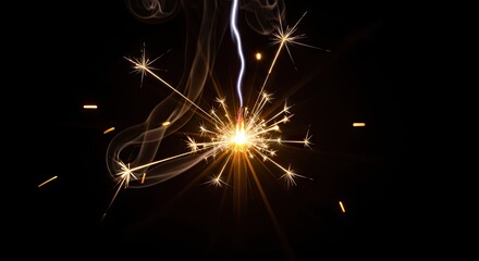 Obraz premium Bright Burning Sparkler with Glowing Golden Sparks and Wispy Smoke on Black Background