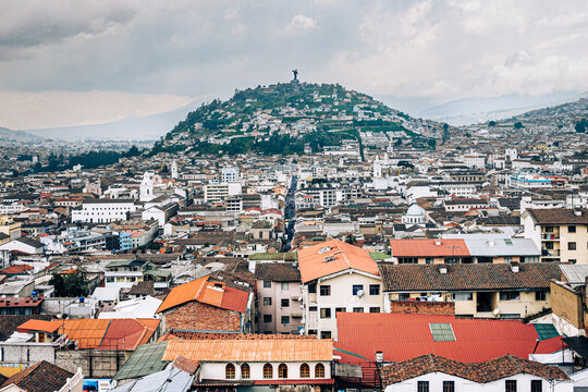 Panoramic view of Quito Ecuador with El Panecillo hill and Virgin statue