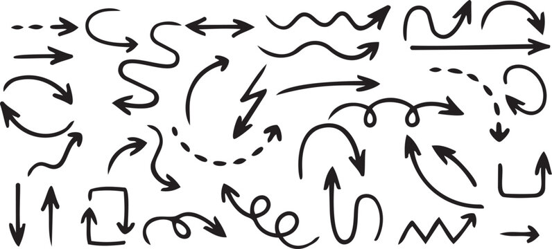 Dynamic Arrows in Motion: A collection of various directional arrows showcases diverse designs, symbolizing navigation, direction, progress, and various concepts.Transparent PNG available