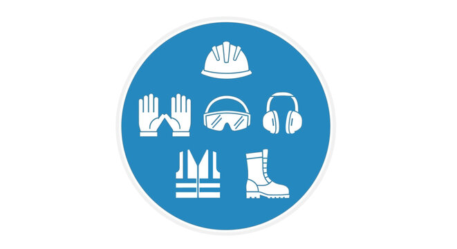 Circular Set of Blue Safety Icons for Personal Protective Equipment (PPE) in a Blue Circle, on a Light Gray Background.