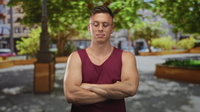 Man with arms crossed, bare forearms visible and maroon tank top, standing on a street with planter boxes, trees, benches and pavement; quiet confidence.
