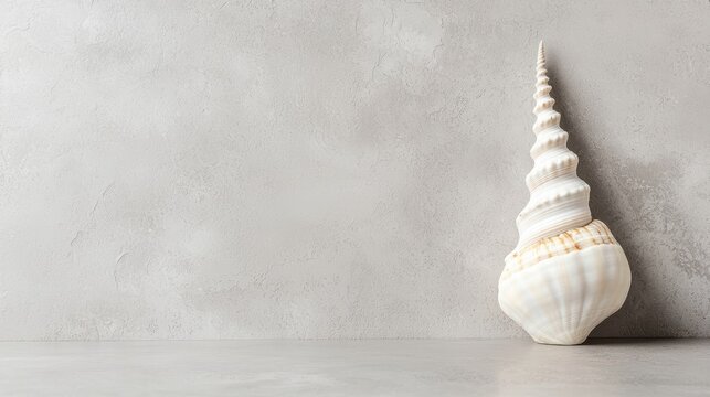 A white seashell with a spiral pattern stands upright on a gray surface.