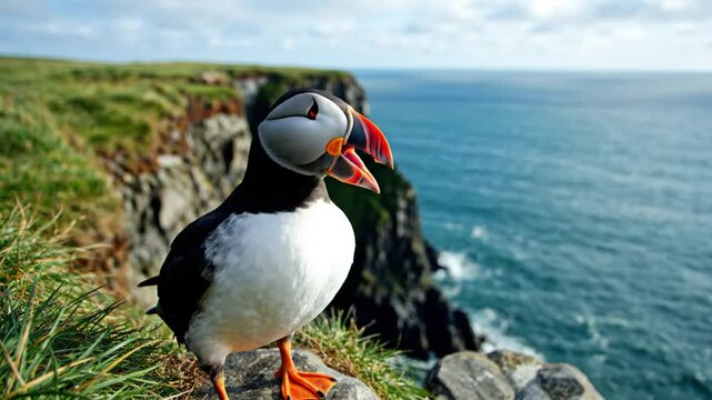 Atlantic puffin perched on a cliff edge overlooking the ocean with a bright orange beak, on a sunny day