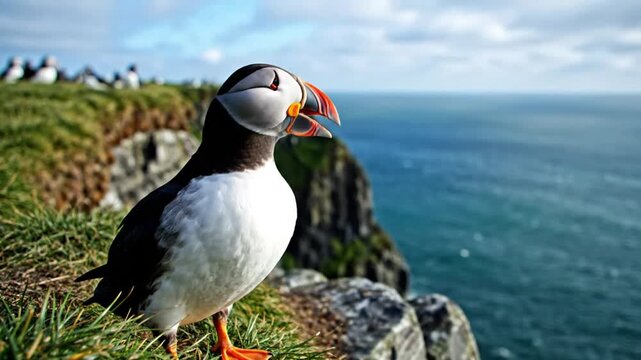 An Atlantic puffin perched on a cliff edge near the sea, showcasing its colorful beak in a bright environment.