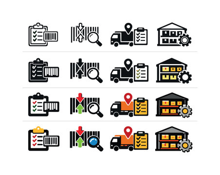 Icon object one for inventory control, icon object two for stock tracking, icon object three for shipment coordination, and icon