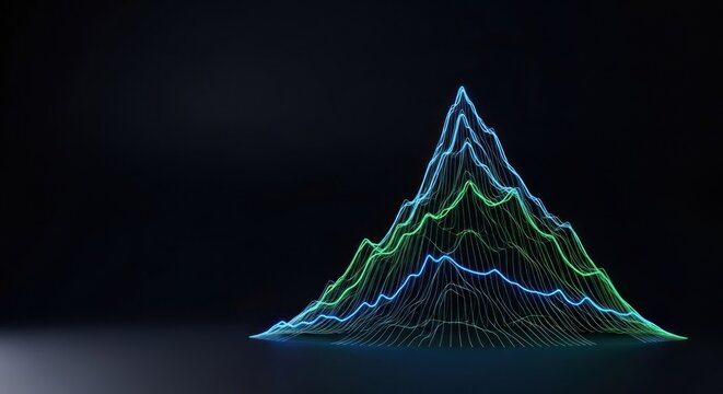 Glowing blue and green mountain peak graph with neon lines on dark background futuristic technology concept