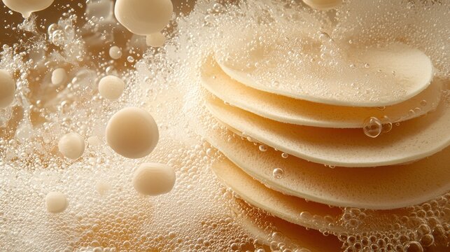 A close-up view of a stack of light brown, circular objects with bubbles surrounding them.