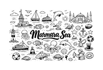 Fototapeta premium Marmara Sea illustration, hand drawn doodle elements set, center hand-lettered title, black & white vector line art, bold clean